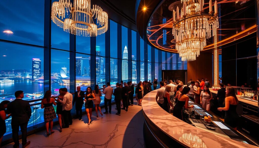 A luxurious nightclub set against the iconic skyline of Marina Bay Sands, Singapore. Fashionable guests mingle under the glow of shimmering chandeliers, sipping premium cocktails at a sleek, marble-topped bar. Pulsing electronic music fills the air as elegant dancers move gracefully on a glossy dancefloor. Dramatic lighting casts long shadows, casting an air of mystery and exclusivity. Towering glass walls offer breathtaking views of the glittering marina and skyscrapers beyond. An atmosphere of refined sophistication and high-end indulgence pervades this exclusive enclave of Singapore's vibrant nightlife.