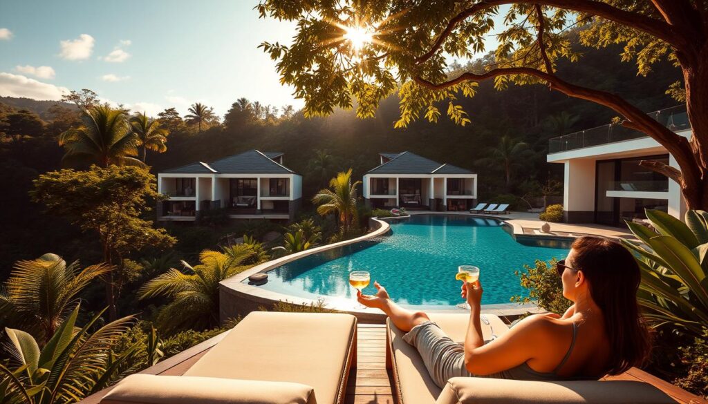 A luxurious resort nestled amidst lush greenery, its elegant villas overlooking a shimmering infinity pool. Warm sunlight filters through the canopy, casting a golden glow on the scene. In the foreground, a couple relaxes on plush lounge chairs, sipping cocktails and enjoying exclusive pampering amenities. Sleek, modern architecture blends seamlessly with the natural surroundings, creating an atmosphere of tranquil sophistication. The overall mood is one of indulgence and relaxation, inviting viewers to imagine themselves immersed in this exclusive staycation experience.
