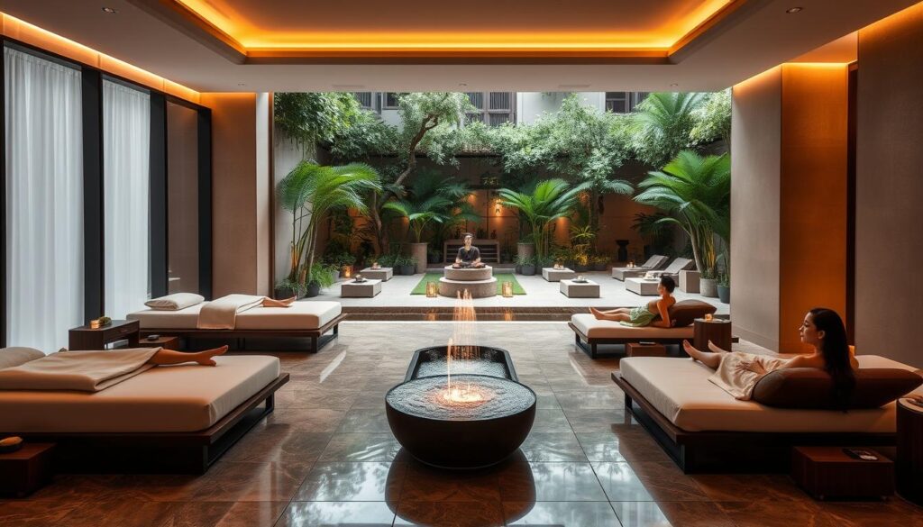 A luxurious spa nestled in the heart of Singapore, featuring a harmonious blend of traditional and modern wellness treatments. The foreground showcases sleek and contemporary treatment rooms with floor-to-ceiling windows, allowing natural light to flood the space. In the middle ground, clients relax on plush loungers, surrounded by soothing water features and the subtle aroma of aromatherapy oils. The background reveals a serene outdoor courtyard, where lush greenery and tranquil meditation areas create a calming oasis. Soft, diffused lighting casts a warm, inviting glow throughout the space, evoking a sense of rejuvenation and tranquility. The overall atmosphere is one of refined elegance, where the essence of Singaporean heritage seamlessly integrates with modern wellness practices.