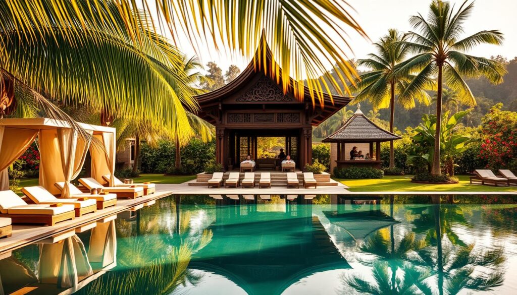 A luxurious spa set in a serene, lush garden oasis. In the foreground, a tranquil reflection pool surrounded by plush loungers and elegant cabanas. Warm sunlight filters through the swaying palm fronds, casting a soft, golden glow. In the middle ground, a grand, Balinese-inspired pavilion with intricate carved details and a sweeping, tiled roof. Guests indulge in pampering treatments, their faces radiant with relaxation. The background features a verdant, tropical landscape with vibrant flowers and soothing water features. The atmosphere exudes a sense of utter tranquility and indulgence, transporting the viewer to a sanctuary of pure rejuvenation.