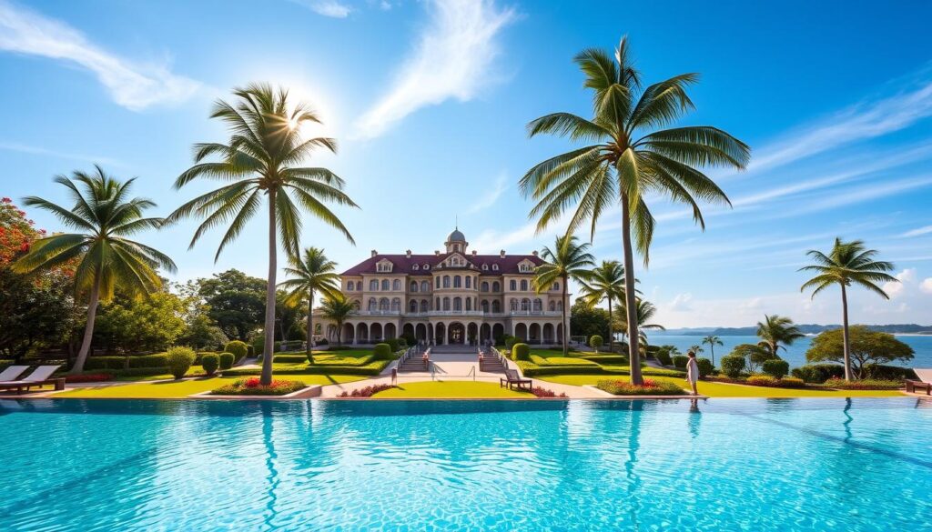 A luxurious tropical oasis nestled on the idyllic Sentosa Island, Amara Sanctuary Resort Sentosa beckons with its tranquil atmosphere and impeccable amenities. In the foreground, a sparkling infinity pool reflects the vibrant greenery and azure sky, inviting guests to bask in the sun. The middle ground features a grand, colonial-style hotel with intricate architecture and lush, manicured gardens. In the background, swaying palm trees and the distant horizon create a serene, resort-like ambiance, accentuated by warm, golden-hour lighting. The scene exudes a sense of refined elegance and relaxation, perfectly capturing the essence of a premier Singaporean hotel destination.