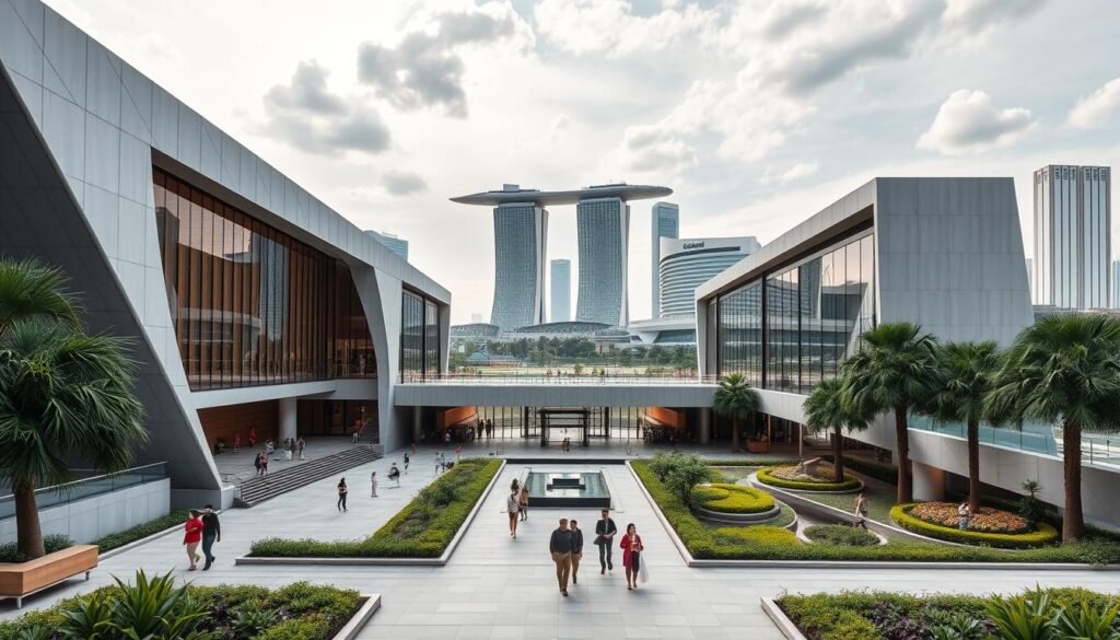 A majestic, modern museum building in Singapore, with a sleek, angular design and glass facades that reflect the surrounding cityscape. The entrance features a grand, minimalist lobby with high ceilings and clean lines. In the foreground, visitors stroll through the museum's grounds, surrounded by lush, tropical landscaping and water features. The middle ground showcases the museum's specialized exhibits, highlighting unique cultural artifacts and niche collections. The background depicts the iconic Singapore skyline, with towering skyscrapers and the iconic Marina Bay Sands hotel. The lighting is warm and natural, creating a welcoming and contemplative atmosphere, perfect for exploring the museum's specialized and niche offerings.