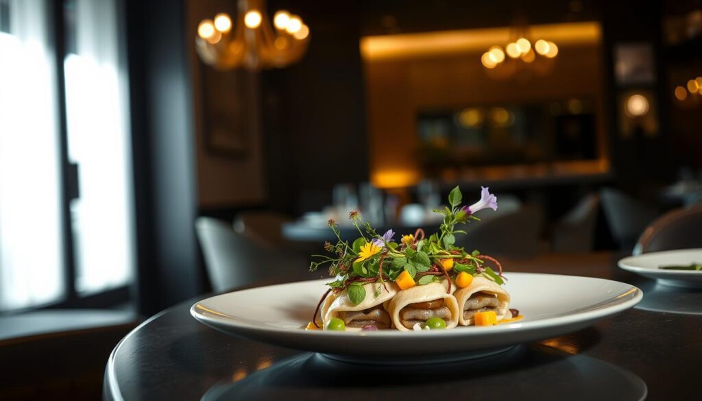 A meticulously arranged, theatrical food presentation in an elegant restaurant setting. In the foreground, a delicate, multi-layered Indonesian dish is showcased on a sleek, minimalist plate, garnished with vibrant, fresh herbs and edible flowers. The middle ground features a dimly lit, moody ambiance, with chiaroscuro lighting casting dramatic shadows across the table. The background showcases a sophisticated, modern interior design, with natural wood accents and subdued, warm lighting, creating an inviting and luxurious atmosphere. The overall composition exudes a sense of artistry, attention to detail, and the culmination of culinary excellence.