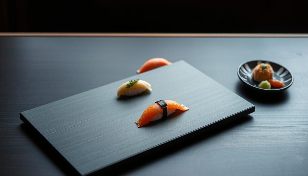 A meticulously crafted omakase menu on a dark wood surface, showcasing a minimalist, Japanese-inspired design. The menu features precisely arranged sushi, sashimi, and small plates, captured in a soft, natural light. The composition highlights the attention to detail and artistry of the culinary presentation, evoking a serene and refined atmosphere befitting an intimate sushi experience. The image conveys the essence of the Sushi Kyuu by Shunsui establishment, where the chef's carefully curated selection takes center stage.