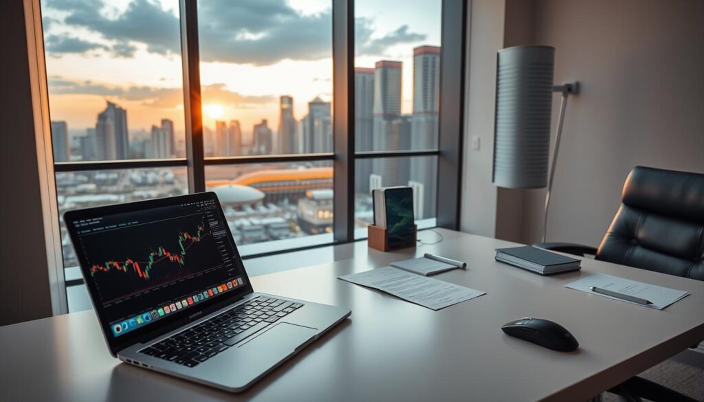 A meticulously crafted trading account setup in a modern, minimalist Singaporean office. In the foreground, a laptop displays a sleek, intuitive trading platform, the screen illuminated by warm, directional lighting. Nearby, a pristine desk hosts a compact, high-resolution monitor, alongside a neatly organized array of financial documents and a professional-grade mouse. The middle ground features a plush, ergonomic office chair, encouraging productivity and comfort. In the background, floor-to-ceiling windows offer a panoramic view of the Singapore skyline, bathed in the golden hues of the evening sun, conveying a sense of urban sophistication and financial opportunity.