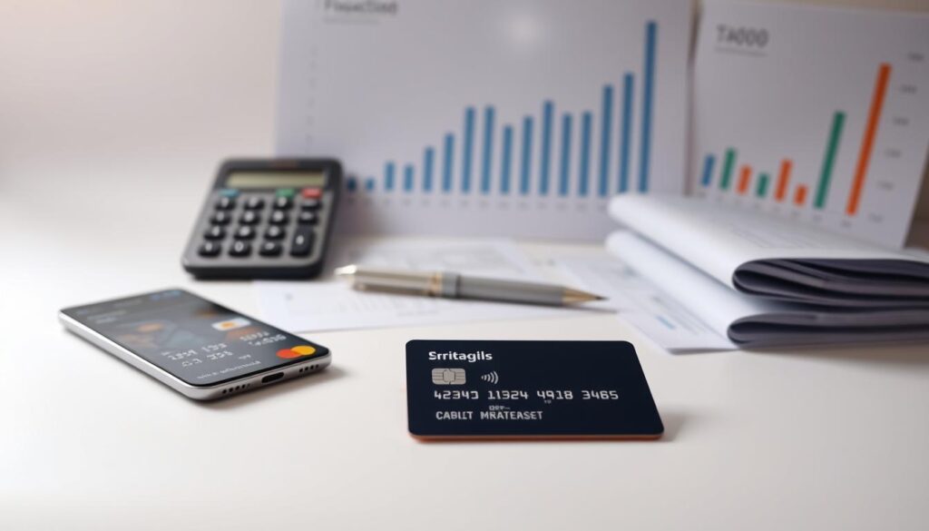 A meticulously designed still life scene showcasing an array of financial tools. In the foreground, a sleek credit card, debit card, and mobile banking app interface are displayed on a minimalist white backdrop, lit by soft, natural lighting. The middle ground features a calculator, pen, and various financial documents, creating a sense of organized financial planning. In the background, a stylized graph and chart illustrate financial trends and data analysis, all captured with a shallow depth of field for a polished, professional aesthetic. The overall mood is one of modern, sophisticated financial management.