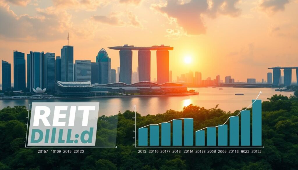 A meticulously rendered image of Singapore's skyline, with the sun casting a warm glow over the cityscape. In the foreground, a neatly arranged display of REIT dividend yields, presented on crisp, clean charts and graphs. The midground features the iconic Marina Bay Sands hotel and surrounding high-rise buildings, conveying the financial power and sophistication of the city-state. The background showcases lush greenery and the tranquil waters of Marina Bay, creating a serene and prosperous atmosphere. The lighting is soft and diffused, creating a sense of clarity and professionalism. The overall composition emphasizes the stability and reliability of Singapore's REIT market, inviting the viewer to explore investment opportunities.