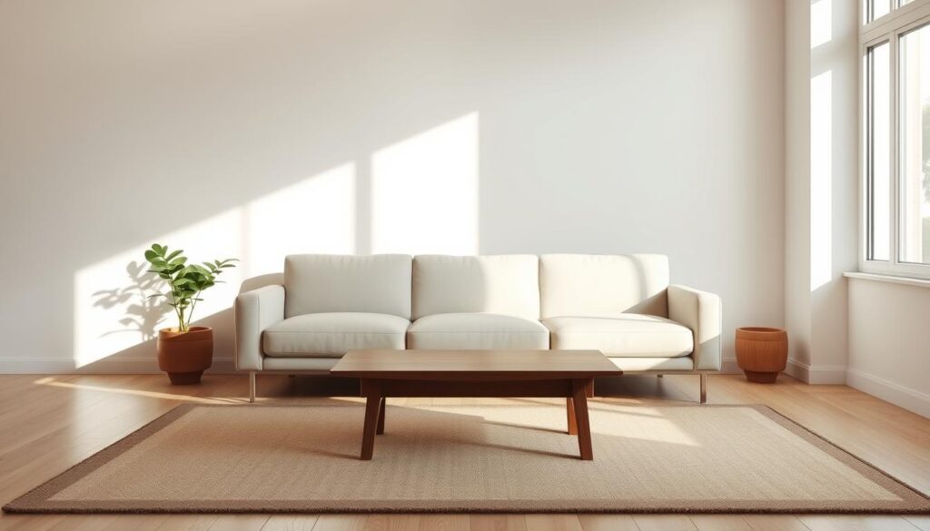 A minimalist living room with a sleek, modern sofa in a neutral color, offset by a low, wooden coffee table and a geometric area rug. The room is bathed in soft, natural light, creating a warm, inviting atmosphere. A single, potted plant in the corner adds a touch of organic life, while the overall design emphasizes clean lines, functionality, and a human-centric approach to living space. The image should convey a sense of calm, simplicity, and a focus on the essentials, reflecting the ethos of the "Commune" furniture brand.