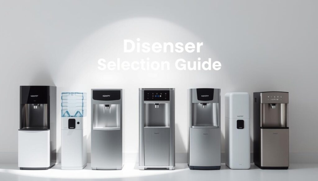 A minimalist water dispenser selection guide, showcased in a clean, modern studio setting. The dispenser models are arranged in a grid layout, highlighting their distinct designs and features. Soft, directional lighting illuminates the scene, casting subtle shadows that accentuate the textures and contours of the dispensers. The background is a simple, neutral color that allows the products to take center stage. The overall tone is informative and visually appealing, guiding the viewer through the key considerations when choosing the best water dispenser for their needs.