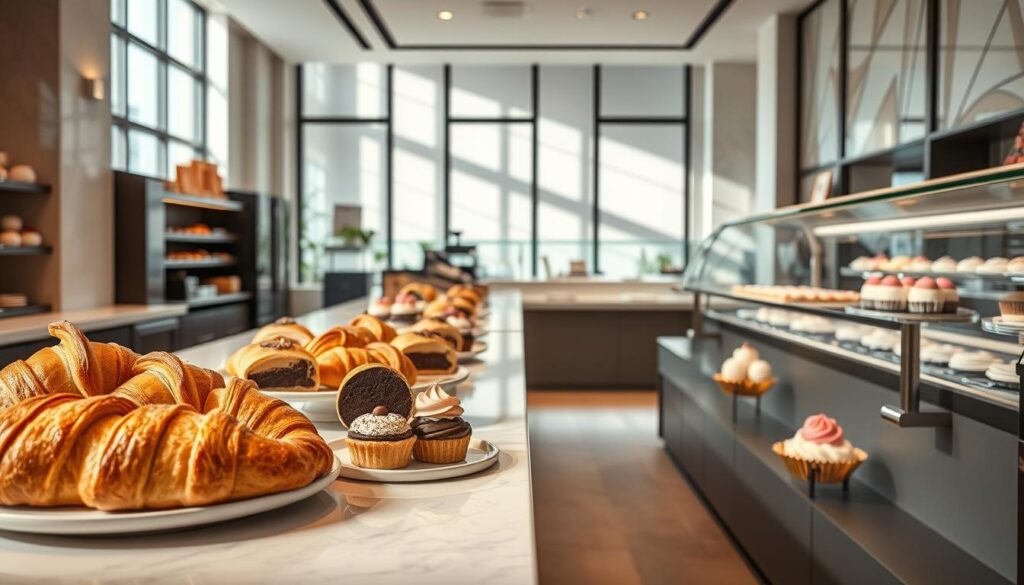 A modern European-style patisserie in Singapore, with an elegant and sophisticated interior. On the counters, an assortment of delicate cakes and pastries - flaky croissants, rich chocolate tarts, and delicate meringue-based confections. Soft natural lighting filters through large windows, casting a warm glow on the delectable treats. In the background, sleek marble surfaces and minimalist decor create a serene, refined atmosphere. The display cases showcase the bakers' artistry, the cakes meticulously crafted with intricate designs and vibrant colors. The overall scene evokes a sense of refined indulgence, blending the best of European pastry traditions with a modern Singaporean setting.