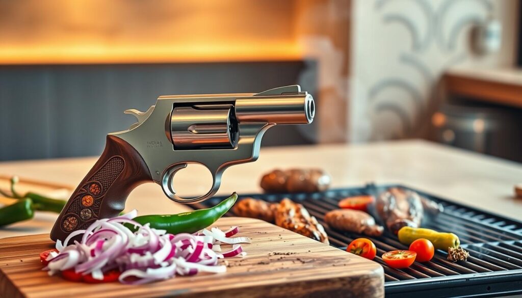 A modern Indian grill revolver, its sleek stainless steel body gleaming under warm, soft lighting. The revolver's cylinder holds an array of spices and herbs, each chamber a different blend of aromatic Indian flavors. In the foreground, the revolver rests atop a wooden cutting board, surrounded by freshly chopped onions, tomatoes, and a vibrant green chili pepper. The middle ground reveals a charcoal grill, its grates sizzling with marinated meats and vegetables. In the background, a minimalist, contemporary Indian restaurant setting, with clean lines, natural materials, and a touch of intricate, traditional design elements.