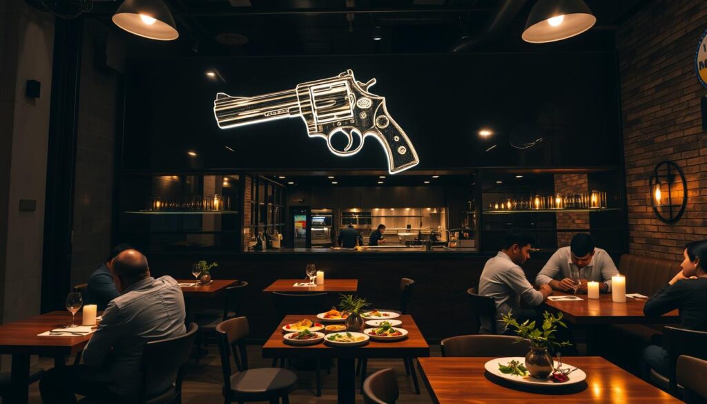 A modern Indian restaurant with a sleek, industrial-chic ambiance. The front facade features a striking metal revolver-shaped sign, casting a warm glow against the dimly lit interior. Patrons sit at polished wooden tables, enjoying a variety of aromatic curries, tandoori dishes, and innovative fusion plates. Colorful spices and herbs adorn the dishes, while the open kitchen showcases the chefs' skilled preparation. Soft lighting from overhead fixtures and candlelight creates an intimate, relaxed atmosphere, inviting diners to savor the flavors of this unique modern Indian cuisine experience.