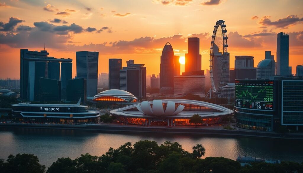 A modern Singapore skyline at golden hour, with a foreground featuring a diverse array of Singapore dividend stocks and passive income investments, including REITs, blue-chip companies, and high-yield bonds. The middle ground showcases the vibrant cityscape, with iconic landmarks like the Marina Bay Sands hotel and the Singapore Flyer ferris wheel. The background is bathed in a warm, inviting glow, creating a sense of financial opportunity and stability. The lighting is soft and directional, highlighting the details of the stock tickers and financial data displayed on digital screens. The overall atmosphere conveys the potential for steady, reliable returns that Singapore's dividend-paying assets can provide.