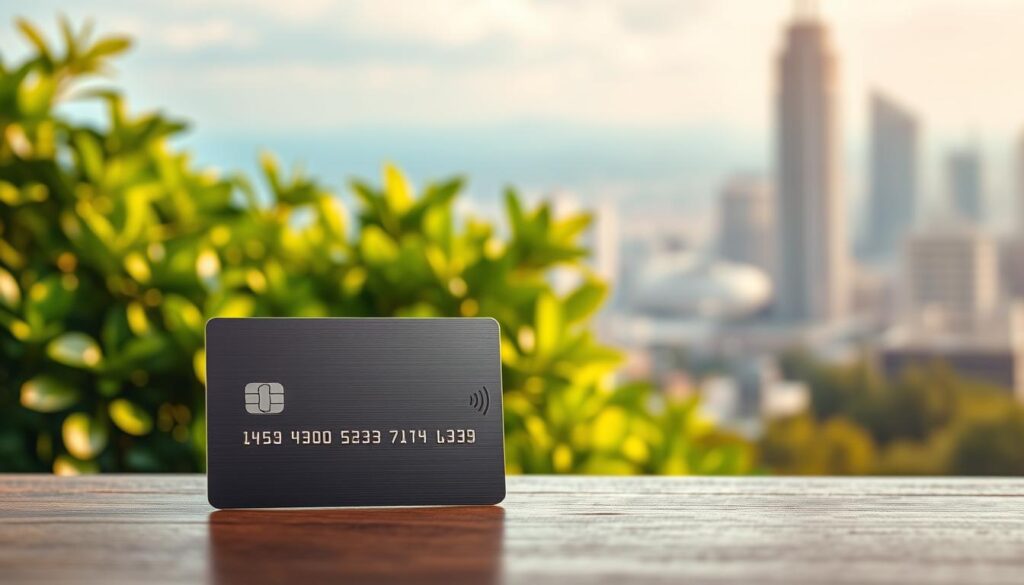 A modern and visually striking image of a rewards credit card. In the foreground, a metallic credit card with a minimalist design and a subtle shimmering effect, reflecting a warm, ambient light. In the middle ground, a lush, verdant backdrop with vibrant green foliage, hinting at the rewards and benefits associated with the card. The background features a soft, out-of-focus cityscape, conveying a sense of urban sophistication and financial progress. The overall composition and lighting create a sleek, premium, and aspirational atmosphere, perfectly capturing the essence of a rewards credit card for everyday spending.