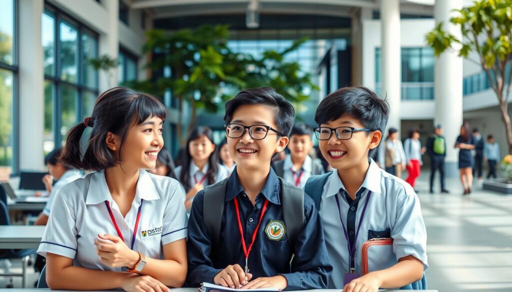 A modern and well-equipped secondary school in Singapore, with students in uniforms engaged in diverse activities - from classroom discussions to extracurricular programs. The scene should convey a sense of vibrant learning, with a focus on the decision-making process parents face when choosing the right school for their child. Lighting should be bright and natural, capturing the dynamic atmosphere of the institution. The overall composition should balance the foreground action with the middle-ground facilities and a blurred background showcasing the school's impressive architecture and lush greenery.