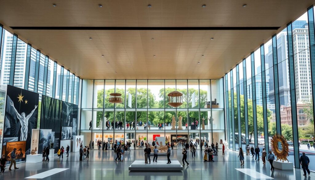 A modern art museum with a striking architectural design, featuring clean lines, large glass windows, and a minimalist aesthetic. The interior is bathed in natural light, showcasing a diverse collection of contemporary art pieces, including sculptures, paintings, and multimedia installations. The museum is situated in a bustling urban landscape, with skyscrapers and lush greenery in the background, creating a visually compelling contrast. The overall atmosphere is one of creativity, innovation, and cultural exploration.