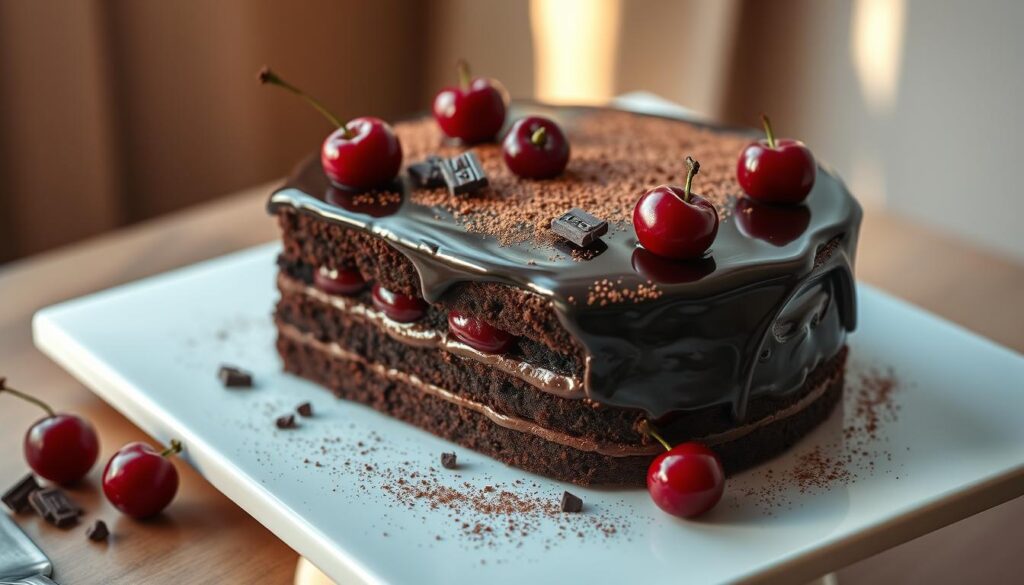 A modern black forest cake, elegant and refined, with a dark chocolate ganache glaze glistening atop moist layers of rich chocolate sponge. Delicate cherries, plump and glistening, dot the surface, their ruby hues complementing the deep brown of the cake. A dusting of cocoa powder adds a subtle bitterness, while shards of dark chocolate provide pockets of intense flavor. Bathed in soft, warm lighting that casts a gentle glow, the cake is presented on a sleek, minimalist white platter, showcasing its sophisticated, contemporary aesthetic. The entire scene exudes an air of understated luxury, a harmonious blend of traditional flavors and modern sensibilities.