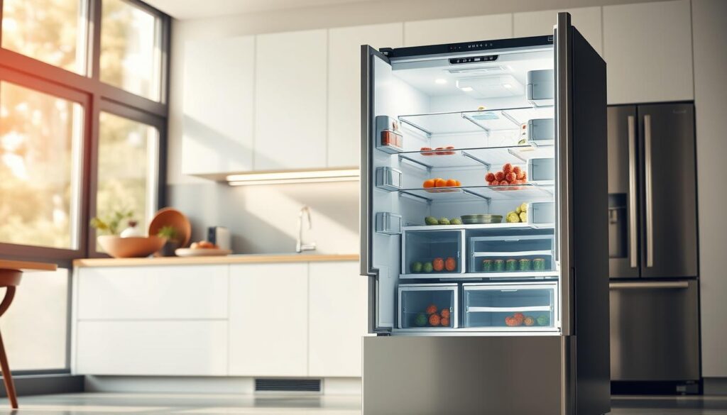A modern bottom freezer refrigerator with a sleek, minimalist design, showcasing its clean lines and elegant chrome accents. The appliance is set against a bright, airy kitchen backdrop, illuminated by soft, natural lighting filtering through large windows. The refrigerator's spacious interior is visible, with well-organized shelves and a generously sized bottom freezer drawer, allowing for easy access and optimal storage. The overall scene conveys a sense of efficiency, practicality, and contemporary style, perfectly suited for a stylish Singapore home.