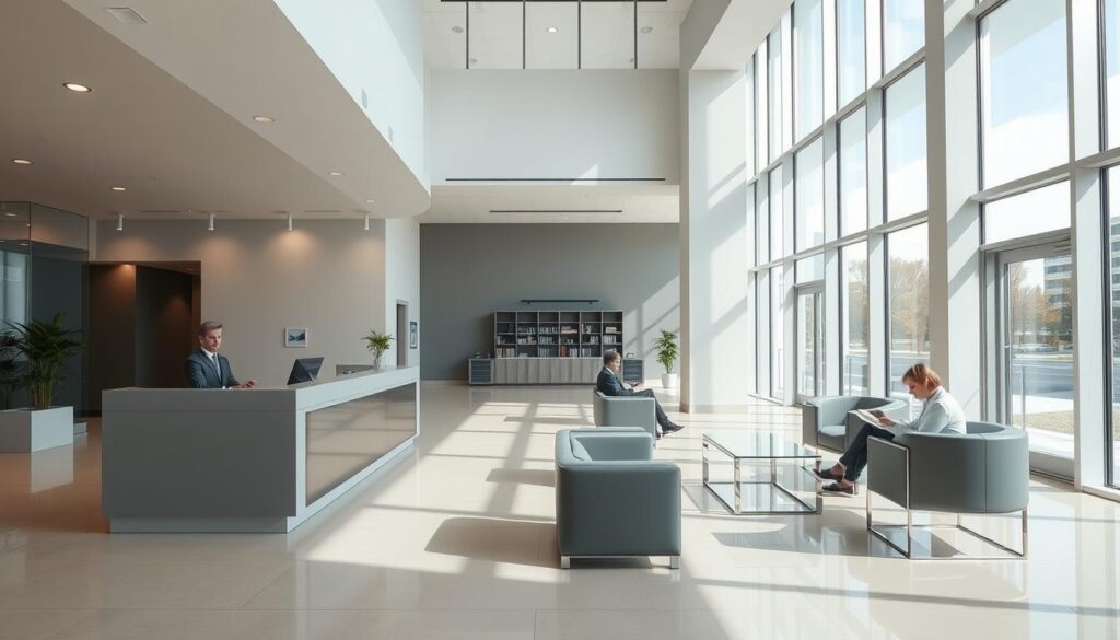 A modern, clean-lined bank interior with an abundance of natural light streaming through large windows. The foreground features a reception desk with a sleek, minimalist design, manned by a professional-looking bank teller. In the middle ground, customers sit in comfortable chairs, reviewing loan documents on glass-topped tables. The background showcases the bank's contemporary architecture, with high ceilings, sharp angles, and a subtle color palette of grays, whites, and blues. The overall atmosphere conveys a sense of efficiency, trust, and financial stability.