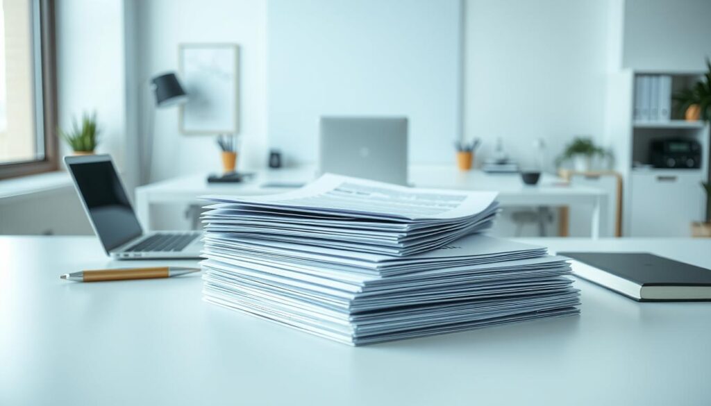A modern, clean-lined office setting with a large desk, a laptop, and various stationery items. In the foreground, a series of neatly stacked documents representing the stages of a loan application process: gathering personal information, submitting financial documents, reviewing terms and conditions, and signing the final agreement. Soft, diffused lighting illuminates the scene, creating a professional and approachable atmosphere. The overall composition emphasizes the streamlined, organized nature of the loan application process, conveying a sense of efficiency and reliability.