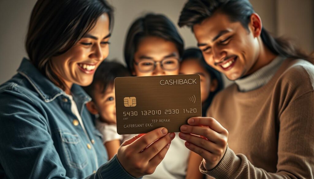 A modern family gathered around a sleek, metallic credit card, its surface gleaming under warm, diffused lighting. The parents and children, dressed in casual yet stylish attire, are gathered together, their expressions conveying a sense of financial security and contentment. The card is prominently displayed, its design incorporating a minimalist, high-contrast aesthetic with clean lines and geometric shapes. The background is softly blurred, placing the focus on the family and their prized cashback credit card, a symbol of their financial well-being and shared prosperity.