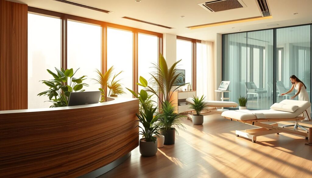 A modern, high-end chiropractic clinic in Singapore, bathed in warm, natural lighting through large windows. In the foreground, a minimalist reception desk with a sleek, wooden design. In the middle ground, comfortable waiting chairs and potted plants, creating a tranquil, spa-like atmosphere. The background features state-of-the-art treatment rooms with adjustable massage tables and advanced chiropractic equipment. The overall aesthetic is one of professionalism, cleanliness, and patient-centric care, reflecting the standards of excellence in Singapore's top chiropractic clinics. A modern, high-end chiropractic clinic in Singapore, bathed in warm, natural lighting through large windows. In the foreground, a minimalist reception desk with a sleek, wooden design. In the middle ground, comfortable waiting chairs and potted plants, creating a tranquil, spa-like atmosphere. The background features state-of-the-art treatment rooms with adjustable massage tables and advanced chiropractic equipment. The overall aesthetic is one of professionalism, cleanliness, and patient-centric care, reflecting the standards of excellence in Singapore's top chiropractic clinics.