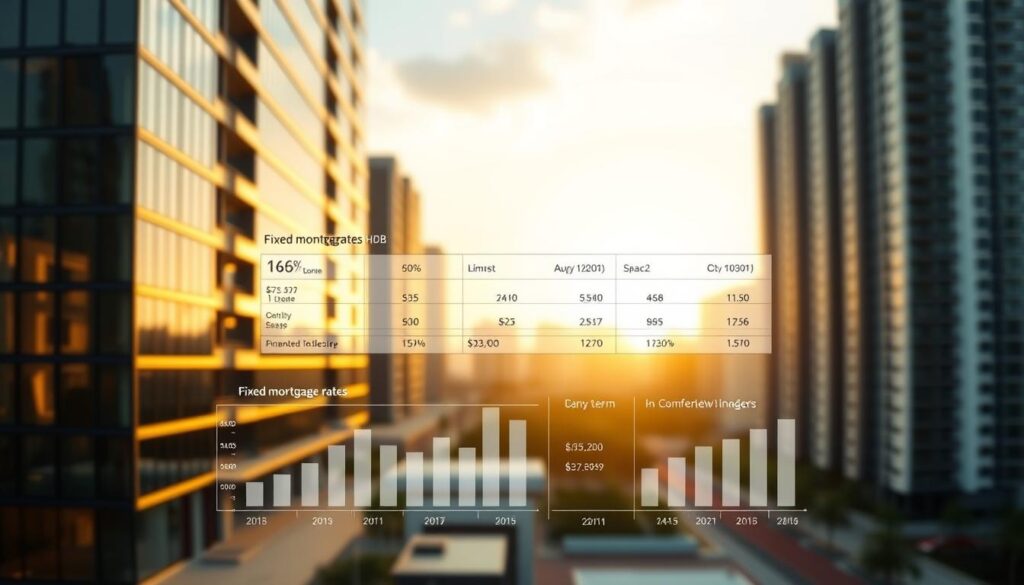 A modern, minimalist composition showcasing fixed home loan rates for HDB properties. In the foreground, a sleek, glass-paneled HDB building bathed in warm, golden afternoon light. In the middle ground, a series of neatly aligned charts and graphs displaying current fixed mortgage rates, loan terms, and comparison between lenders. The background features a blurred cityscape, hinting at the vibrant, cosmopolitan setting. The overall mood is one of financial security, stability, and informed decision-making. Crisp, high-resolution rendering with a depth-of-field effect, captured through a wide-angle lens to emphasize the scale and grandeur of the subject matter.