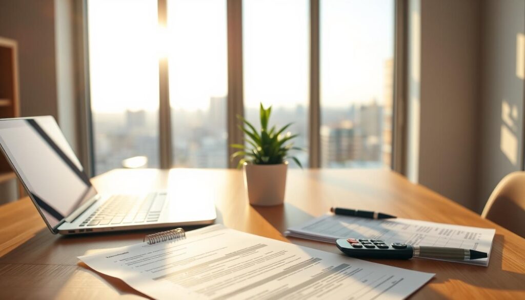 A modern, minimalist home interior with a wooden desk and a laptop computer, illuminated by warm, natural lighting through large windows. In the foreground, financial documents, a calculator, and a pen are neatly arranged, symbolizing the process of refinancing a housing loan. The middle ground features a potted plant, adding a touch of greenery and tranquility to the scene. The background showcases a serene, blurred cityscape outside, highlighting the urban context of the refinancing process. The overall atmosphere conveys a sense of efficiency, organization, and financial security.