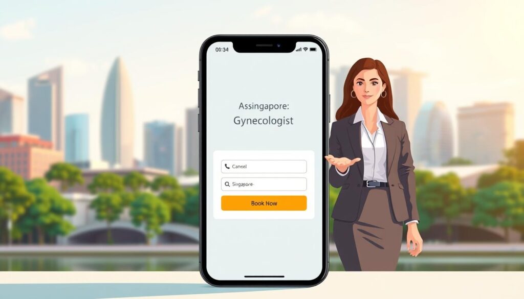 A modern, minimalist illustration depicting the process of booking an appointment with a gynecologist in Singapore. In the foreground, a smartphone screen displays a sleek, user-friendly appointment booking interface, with a prominent "Book Now" button. In the middle ground, a woman in business attire is gesturing towards the screen, conveying a sense of ease and professionalism. The background features a stylized cityscape of Singapore, with skyscrapers and lush greenery, suggesting a cosmopolitan and progressive healthcare environment. The scene is bathed in warm, natural lighting, creating a welcoming and reassuring atmosphere.