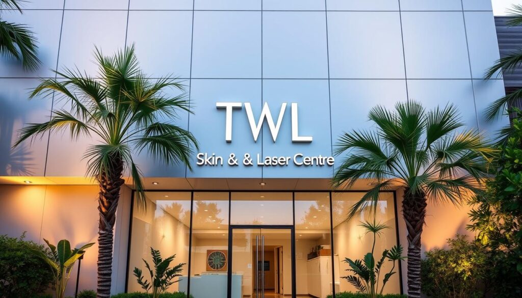 A modern, minimalist medical clinic exterior with a sleek, glass facade and clean lines. The building's signage prominently displays "TWL Specialist Skin & Laser Centre" in a bold, sans-serif font. Tall palm trees and lush greenery frame the entrance, creating a serene, natural backdrop. Warm, directional lighting illuminates the facade, casting soft shadows and highlighting the high-quality materials. The overall aesthetic conveys a sense of professionalism, expertise, and attention to detail, reflecting the clinic's reputation for excellence in dermatological care.