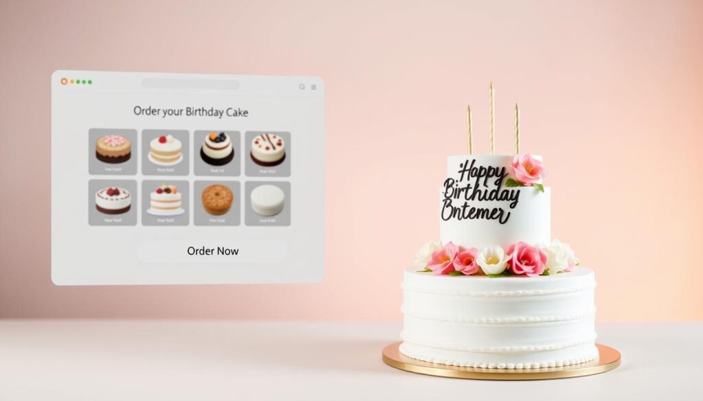 A modern, minimalist online cake ordering interface. In the foreground, a sleek, user-friendly website with a prominent "Order Now" button, showcasing an array of tempting cake options. The middle ground features a lush, three-tier birthday cake, elegantly decorated with fresh flowers and a personalized message. The background depicts a soft, pastel-toned setting, with gentle lighting that creates a warm, inviting atmosphere. The overall composition conveys the ease and convenience of ordering a beautiful, high-quality birthday cake online, perfect for the "Ordering Your Birthday Cake Online" section of the article.