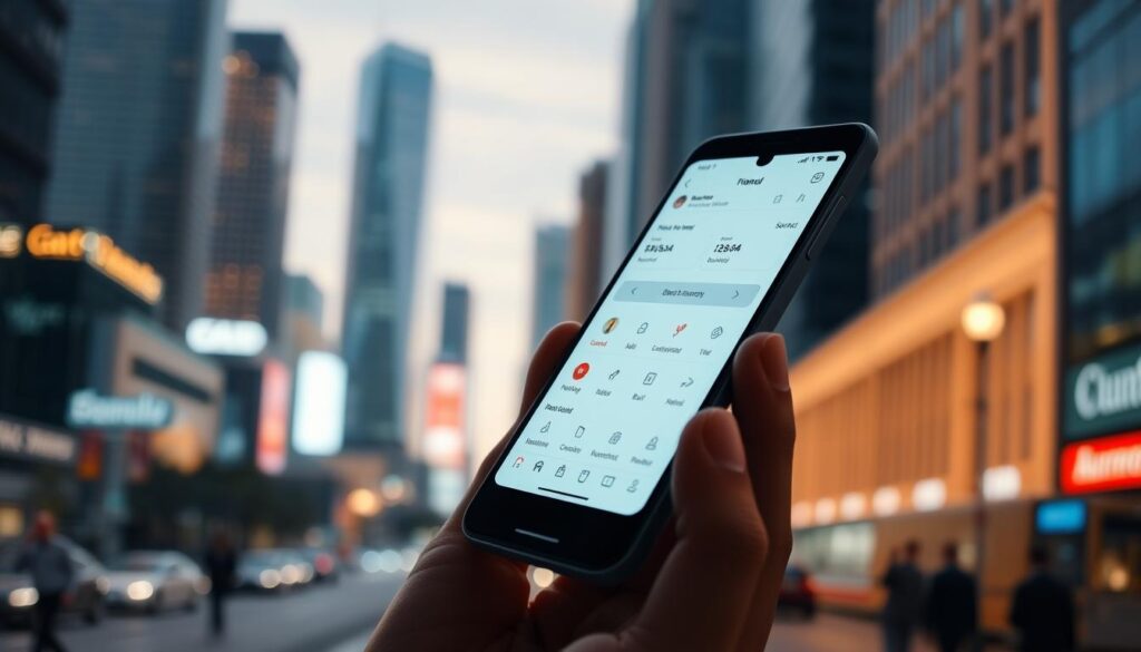 A modern mobile phone with a minimalist interface, its screen displaying a sleek financial app. The app's design features clean lines, intuitive icons, and a seamless user experience. In the background, a blurred cityscape with skyscrapers and bustling streets, conveying the app's integration with everyday life. The lighting is soft and warm, creating a professional and trustworthy atmosphere. The camera angle is slightly elevated, giving a sense of sophistication and technological advancement. The overall mood is one of efficiency, convenience, and financial empowerment.