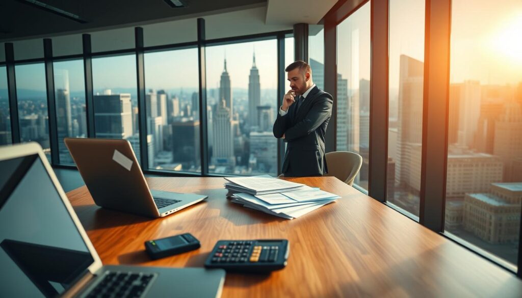 A modern office interior with a wooden desk and a laptop, a calculator, and a pen in the foreground. In the middle ground, a stack of documents and a businessman in a suit, deep in thought. In the background, a wall of floor-to-ceiling windows overlooking a bustling city skyline, bathed in warm, golden sunlight filtering through. The atmosphere is one of contemplation and decision-making, as the businessman considers the pros and cons of a bank loan for a new business venture.