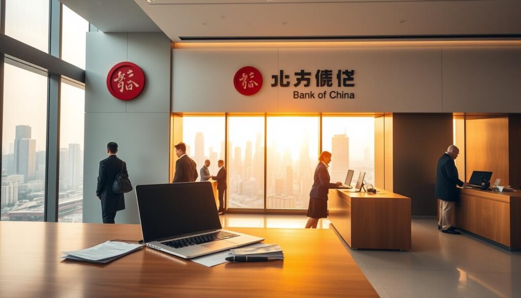 A modern, sleek bank interior with a prominent Bank of China logo on the wall. The foreground features a wooden desk with a laptop, a pen, and a stack of documents. In the middle ground, customers are engaged in transactions at teller stations. The background showcases large windows overlooking a bustling city skyline, bathed in warm, golden lighting. The atmosphere conveys a sense of professionalism, efficiency, and financial security. The overall composition highlights the Bank of China's fixed deposit services.