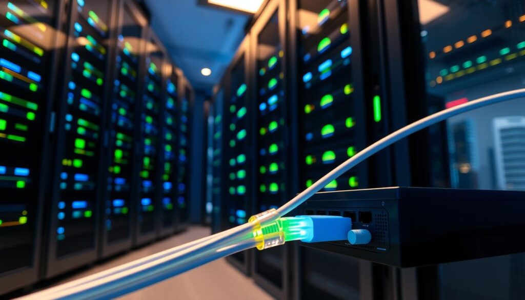 A modern, sleek data center with towering server racks, glowing blue and green indicator lights, and a smooth, high-tech aesthetic. In the foreground, a fiber optic cable connects to a router, visualizing the high-speed broadband connection. The scene is illuminated by warm, diffused lighting, creating a sense of power and efficiency. The background features a cityscape of skyscrapers, hinting at the urban setting and the need for reliable, fast internet. The overall composition conveys the power and speed of a gigabit per second fiber broadband connection, ideal for the "Best Broadband Plans for Speed" section of the article.