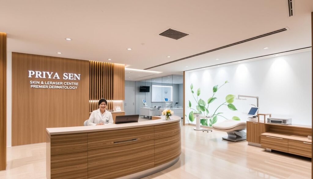 A modern, sleek interior of Priya Sen Skin & Laser Centre, a premier dermatology clinic in Singapore. The reception area features a minimalist design with clean lines, neutral tones, and natural elements like wood accents. Bright, diffused lighting creates a calming, professional atmosphere. In the foreground, a reception desk with a friendly staff member greets visitors. The middle ground showcases state-of-the-art medical equipment and treatment rooms, hinting at the advanced skincare and laser treatments offered. The background depicts a soothing, nature-inspired wall mural, evoking a sense of relaxation and rejuvenation. The overall scene conveys a high-end, trustworthy medical facility dedicated to providing exceptional dermatological care.