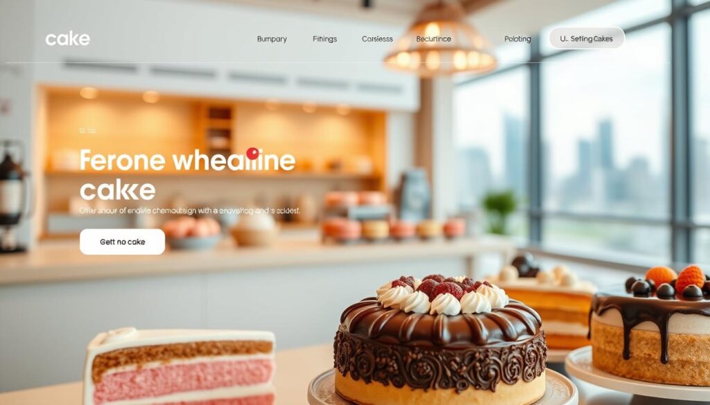 A modern, sleek online cake ordering platform showcasing a tempting array of freshly baked cakes. In the foreground, a minimalist user interface with clean typography, intuitive navigation, and high-resolution product images of mouthwatering cakes in various flavors and designs. The middle ground features a softly blurred backdrop of a contemporary bakery interior, with warm lighting and elegant decor elements. In the background, a subtly blurred cityscape of Singapore's skyline, hinting at the platform's local roots and expertise. The overall mood is inviting, user-friendly, and visually appetizing, reflecting the ease and delight of ordering delectable cakes online.
