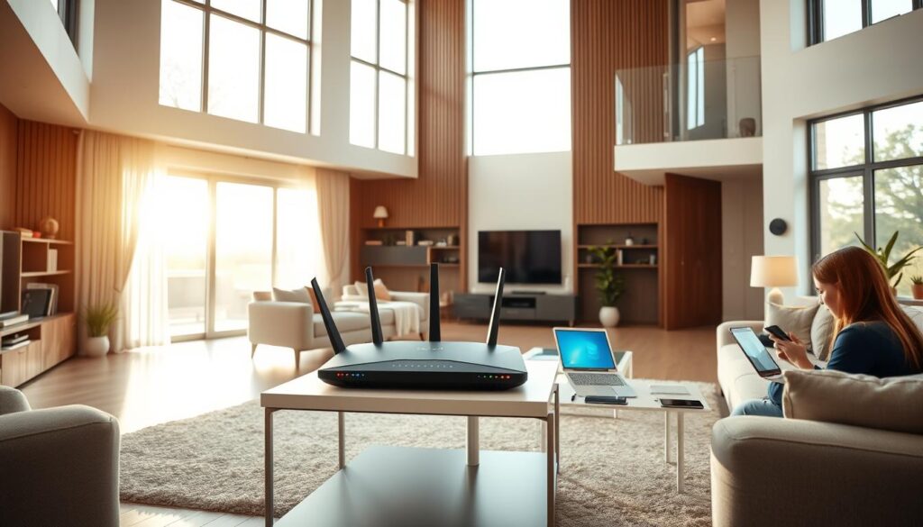 A modern, spacious living room with high ceilings and large windows, bathed in warm, natural light. At the center, a sleek, high-end router sits on a minimalist side table, its LED indicators softly glowing. Around it, multiple devices are connected seamlessly - laptops, tablets, smartphones, all enjoying a reliable, high-speed Wi-Fi connection. The room's decor is contemporary, with clean lines and neutral tones, creating a serene, comfortable atmosphere perfect for a large household's connectivity needs.