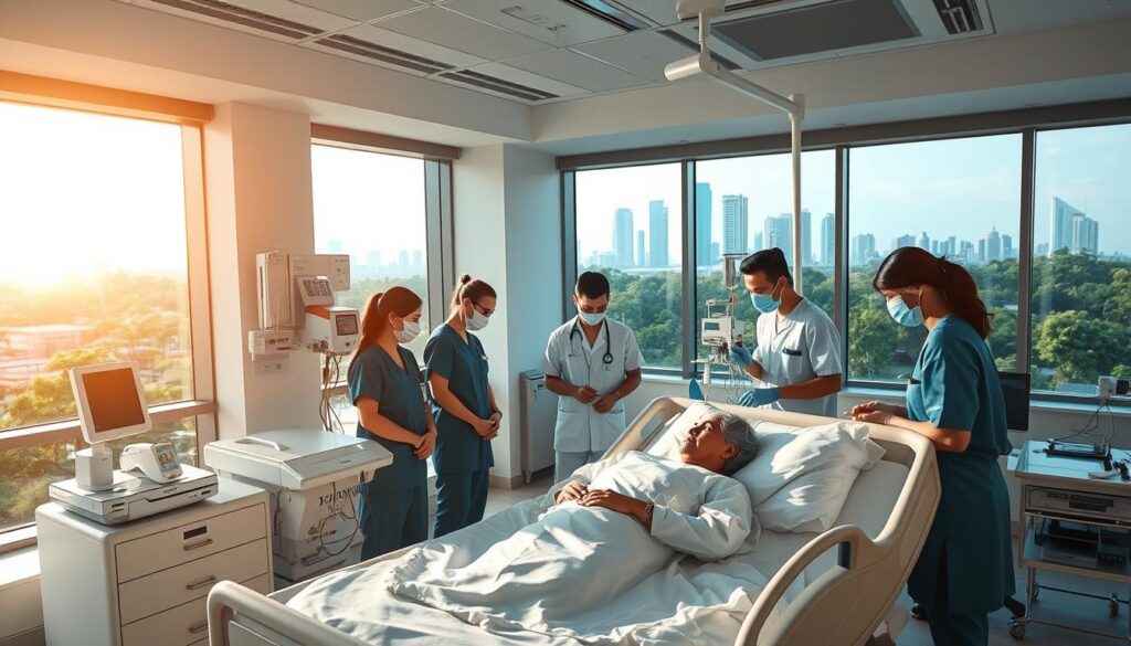 A modern, state-of-the-art hospital ward in Singapore, bathed in warm, natural light from large windows. In the foreground, a team of attentive nurses and doctors provide compassionate care to a patient lying comfortably in a pristine hospital bed. The middle ground features high-tech medical equipment and diagnostic tools, conveying the exceptional facilities. In the background, a serene view of the Singapore skyline through the windows, with lush greenery surrounding the building. The atmosphere is one of professionalism, cleanliness, and patient-centric comfort, reflecting the exceptional standards of medical care in Singapore.