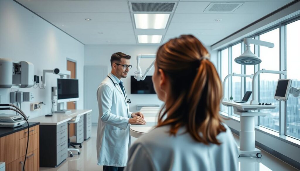 A modern, well-equipped ENT clinic with sleek, minimalist design. In the foreground, a doctor examines a patient using advanced diagnostic tools and medical devices. The middle ground showcases cutting-edge treatment technologies, such as a state-of-the-art endoscope and a specialized ENT surgical station. The background features a calming, serene environment with floor-to-ceiling windows, allowing natural light to flood the space. The overall atmosphere conveys a sense of innovation, professionalism, and patient-centric care.