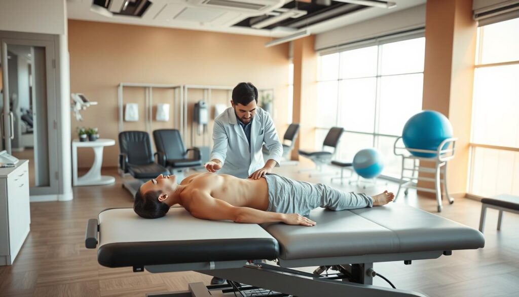 A modern, well-equipped chiropractic clinic in Singapore. In the foreground, a patient lies on an adjustable treatment table, receiving a spinal adjustment from a skilled chiropractor dressed in a white lab coat. The middle ground showcases various therapeutic tools and equipment, including massage chairs, ultrasound machines, and exercise balls. The background features sleek, minimalist decor with calming earth-tone walls, and large windows allowing natural light to flood the space, creating a serene and professional atmosphere. The lighting is warm and soft, emphasizing the clinic's commitment to patient comfort and well-being. The overall composition conveys the high-quality, specialized nature of the chiropractic services offered. A modern, well-equipped chiropractic clinic in Singapore. In the foreground, a patient lies on an adjustable treatment table, receiving a spinal adjustment from a skilled chiropractor dressed in a white lab coat. The middle ground showcases various therapeutic tools and equipment, including massage chairs, ultrasound machines, and exercise balls. The background features sleek, minimalist decor with calming earth-tone walls, and large windows allowing natural light to flood the space, creating a serene and professional atmosphere. The lighting is warm and soft, emphasizing the clinic's commitment to patient comfort and well-being. The overall composition conveys the high-quality, specialized nature of the chiropractic services offered.