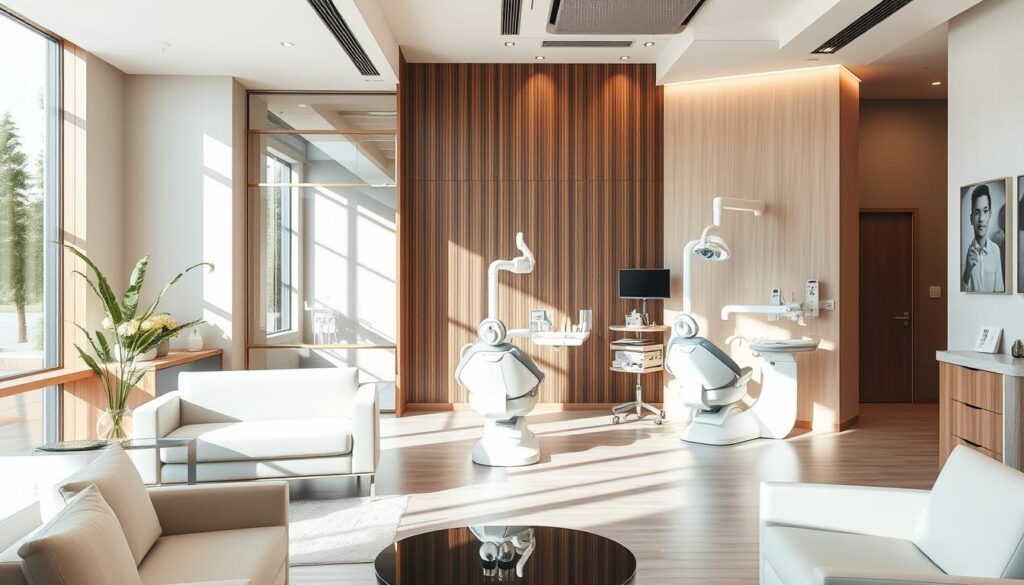 A modern, well-equipped dental clinic with a warm, inviting atmosphere. The reception area features comfortable seating, sleek wooden and glass furnishings, and natural lighting streaming through large windows. In the treatment rooms, state-of-the-art dental chairs and equipment are neatly arranged, creating a sense of professionalism and care. The clinic's branding is subtle yet sophisticated, with a clean, minimalist aesthetic. The overall scene conveys a blend of advanced medical technology and a patient-centric, spa-like environment, reflecting the high standards of dental care.