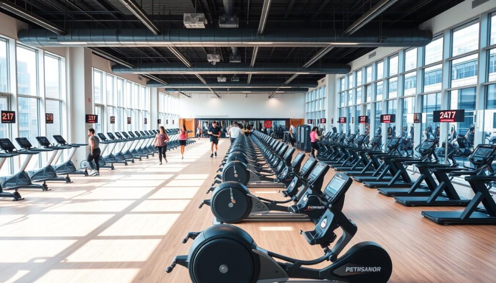 A modern, well-equipped gym interior with rows of cardio machines, weight racks, and fitness equipment arranged in a spacious, well-lit environment. The gym features a sleek, minimalist design with clean lines, high ceilings, and large windows allowing natural light to flood the space. Bright, uplifting lighting creates a motivating atmosphere, while the color palette is dominated by neutral tones accented with vibrant pops of color from equipment and signage. Gym-goers engage in various workout routines, exemplifying the 24/7 accessibility and diverse fitness offerings. The scene conveys a sense of energy, productivity, and an inviting ambiance to encourage and support a healthy, active lifestyle in Singapore.