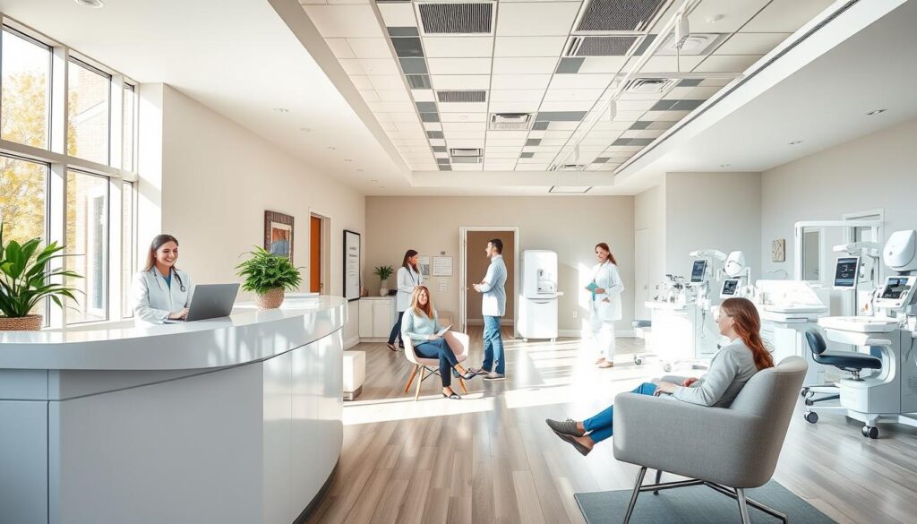 A modern, well-equipped gynecology clinic, filled with natural light streaming through large windows. In the foreground, a welcoming reception desk staffed by a friendly, professional receptionist. In the middle ground, patients sit comfortably in plush chairs, while doctors and nurses move about, providing personalized care. The background showcases state-of-the-art medical equipment and a calming, spa-like atmosphere, conveying a sense of warmth, trust, and empowerment for women's health.