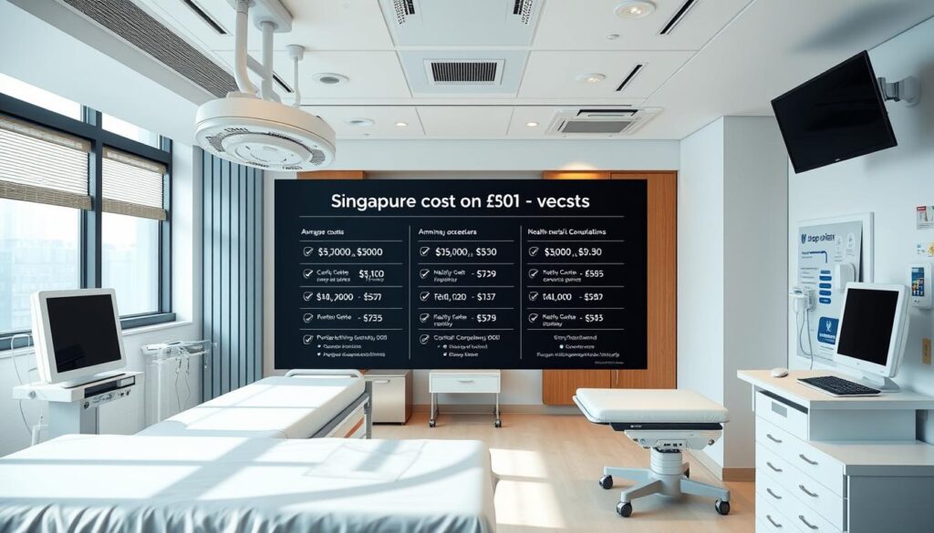 A modern, well-equipped hospital room in Singapore, with an informative display showcasing the costs of various medical treatments. The room is bathed in soft, natural lighting, creating a calming and professional atmosphere. The display features clear and concise infographics, breaking down the average costs for common procedures, doctor's consultations, and other medical services. The layout is clean and intuitive, allowing viewers to easily understand the financial implications of seeking healthcare in the city-state. The overall scene conveys a sense of transparency and attention to detail, reflecting the high-quality medical services available in Singapore.