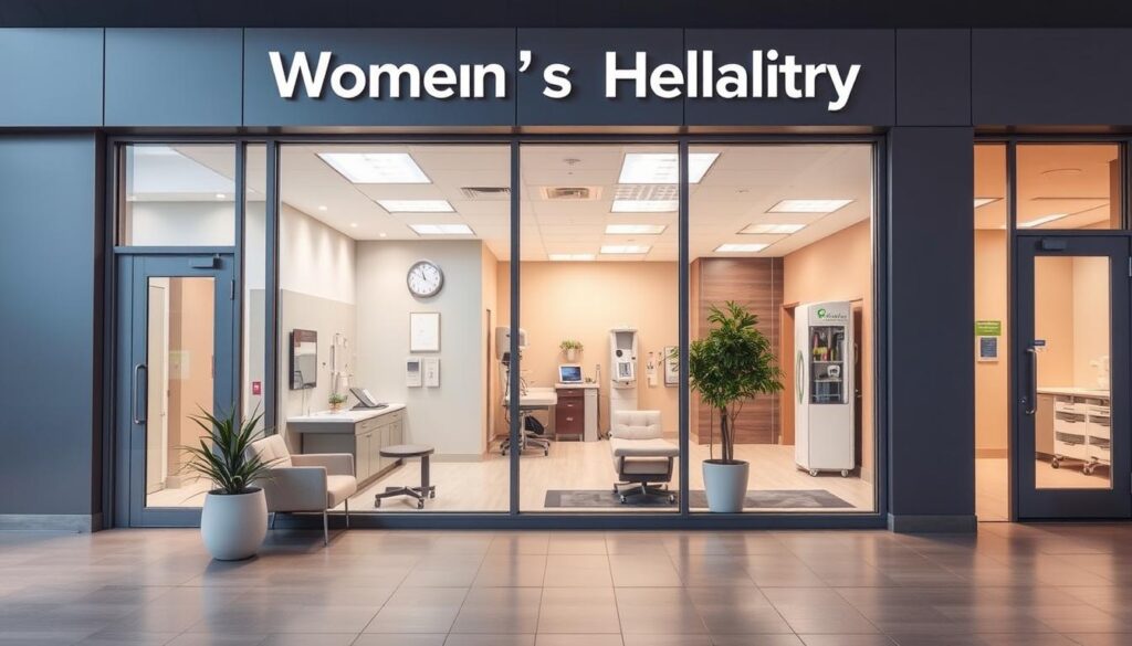 A modern, well-equipped women's health facility with a welcoming, professional atmosphere. The exterior features a sleek, contemporary design with large windows and a prominent entrance. Inside, the lobby has comfortable seating, warm lighting, and clean, minimalist decor. In the background, a corridor leads to various specialized consultation rooms and examination areas, outfitted with state-of-the-art medical equipment. The overall scene conveys a sense of care, privacy, and attention to the unique needs of female patients.