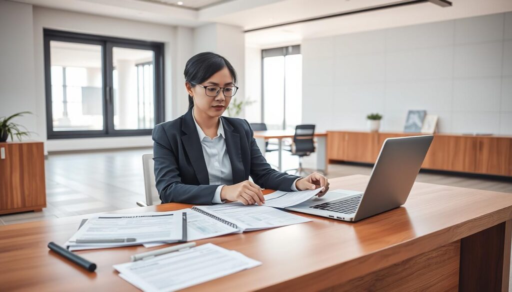 A modern, well-lit office interior with a wooden desk and a laptop computer. On the desk, various financial documents and a personal loan application form are neatly arranged. The walls feature minimalist decor and large windows, allowing natural light to flood the space. A professional-looking person, dressed in business attire, is sitting at the desk, reviewing the loan documents with a focused expression. The scene conveys a sense of professionalism, efficiency, and the process of obtaining a personal loan in Singapore.