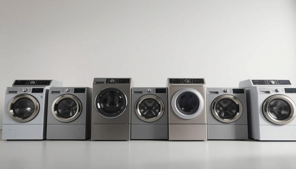 A modern, well-lit studio setting showcasing a row of sleek, front-load washing machines. The machines are arranged in a clean, organized display, with a focus on their advanced features such as large capacity drums, energy-efficient technology, and intuitive digital control panels. Soft, even lighting highlights the machines' polished steel or matte finishes, creating a sense of quality and sophistication. The background is a neutral, minimalist backdrop that allows the washing machines to take center stage, emphasizing their role as the focal point of the scene. The overall composition conveys a sense of streamlined efficiency and cutting-edge design, perfectly suited to illustrate the "Best Front Load Washing Machines in Singapore" section of the article.