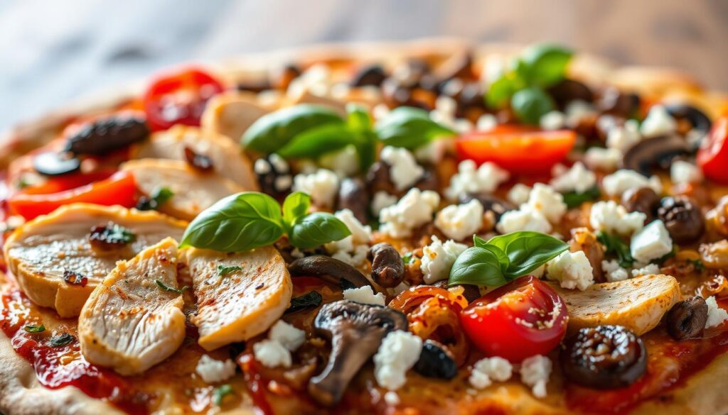 A mouth-watering arrangement of contemporary pizza toppings, captured in a stylish and modern composition. In the foreground, vibrant slices of marinated chicken, juicy sun-dried tomatoes, and fragrant basil leaves are artfully arranged atop a thin, crisp crust. The middle ground features a scattering of gourmet mushrooms, caramelized onions, and crumbled feta cheese, creating a harmonious blend of flavors. The background is filled with a soft, diffused light, casting a warm, inviting glow over the scene. The overall image conveys a sense of culinary sophistication and creative flair, perfectly capturing the essence of "Contemporary Flavors" at L'Arte Pizza & Focaccia.