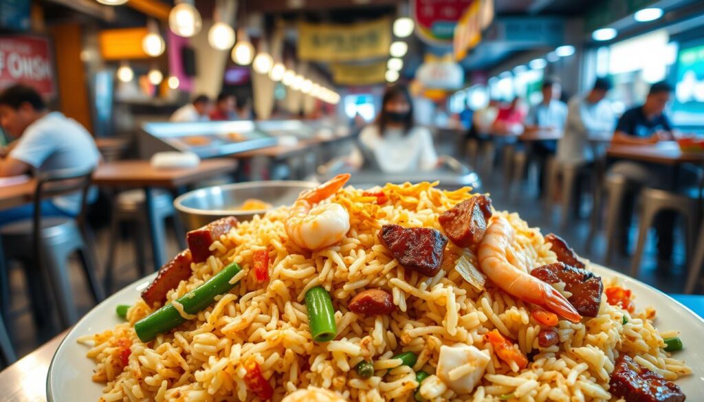 A mouth-watering plate of fried rice in the foreground, overflowing with fragrant jasmine rice, tender chunks of char siu pork, juicy shrimp, and vibrant vegetables. Glistening with soy sauce and sesame oil, the rice is expertly fried to a delicate, crispy texture. In the middle ground, a steaming bowl of hot chicken broth with crispy fried shallots and a drizzle of chili oil, complementing the fried rice. The background showcases the bustling atmosphere of a traditional Singaporean hawker center, with wooden tables, metal stools, and the lively chatter of satisfied diners. Warm lighting casts a cozy glow over the scene, capturing the essence of Singapore's renowned fried rice dishes.